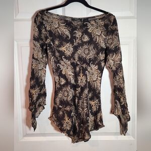 Express Y2K Brown Tan Paisley Sheer Long Sleeve 100% Silk Blouse Size 9/10